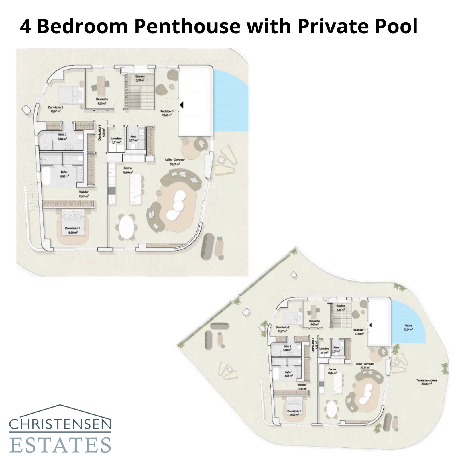 Planlösningen för en spektakulär takvåning med fyra sovrum, som visar upp rymliga vardagsrum och en exklusiv takterrass med privat pool.