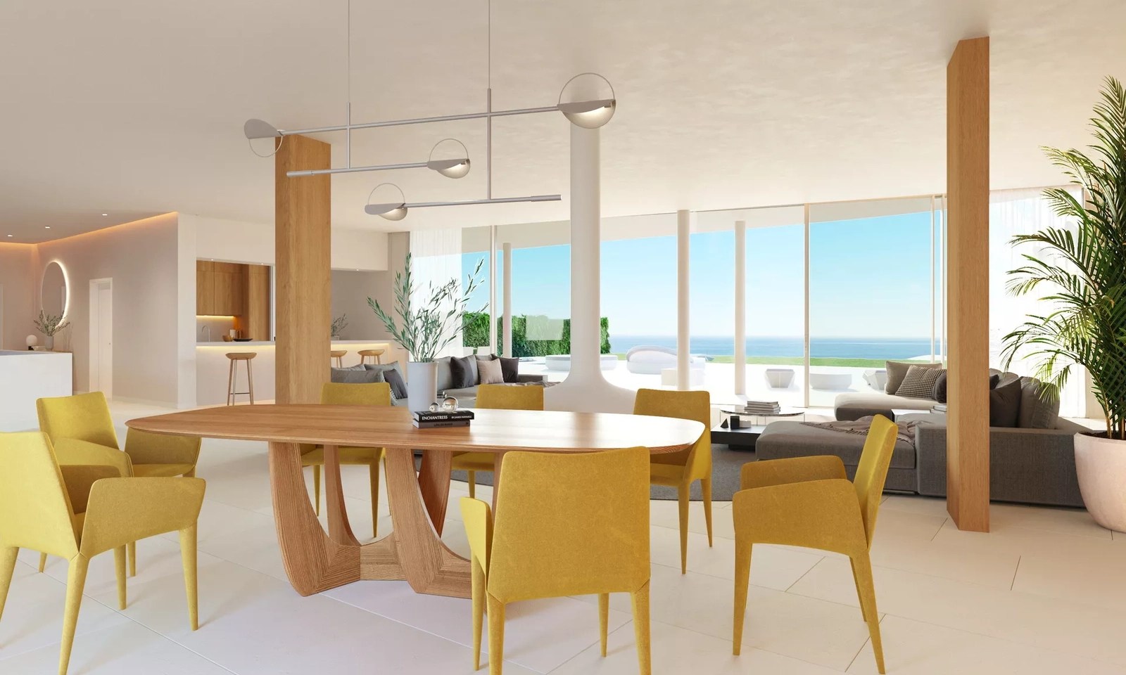 En rymlig matplats som flyter vackert in i vardagsrummet, designad för minnesvärda måltider med familj och vänner.