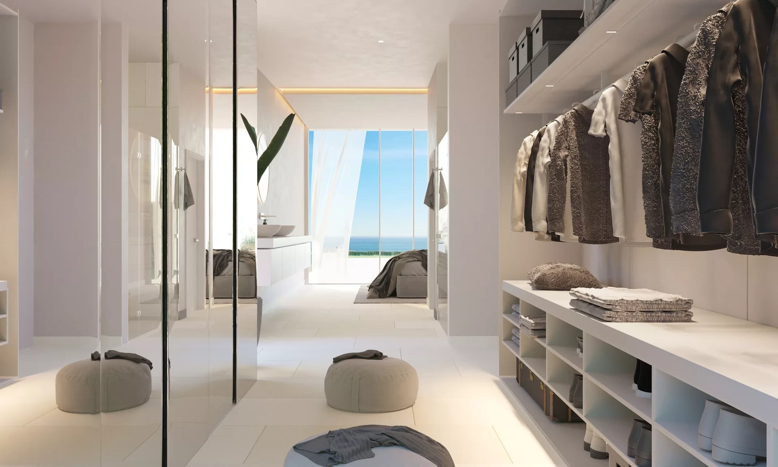 En rymlig och väldesignad klädkammare erbjuder gott om förvaring och en touch av vardagslyx.