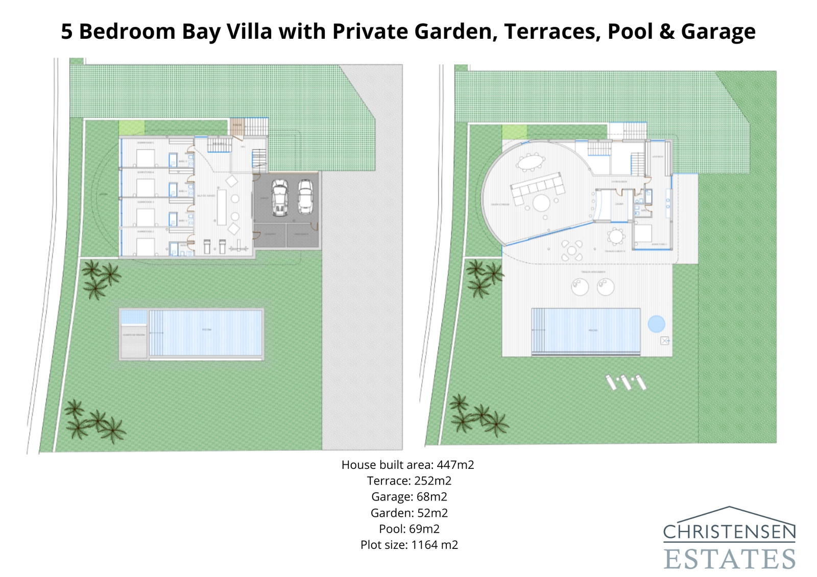 Denna detaljerade planlösning visar den intelligenta utformningen av villan med fem sovrum, designad för komfort och ett sömlöst flöde mellan de rymliga interiörerna, terrasserna och den privata trädgården.