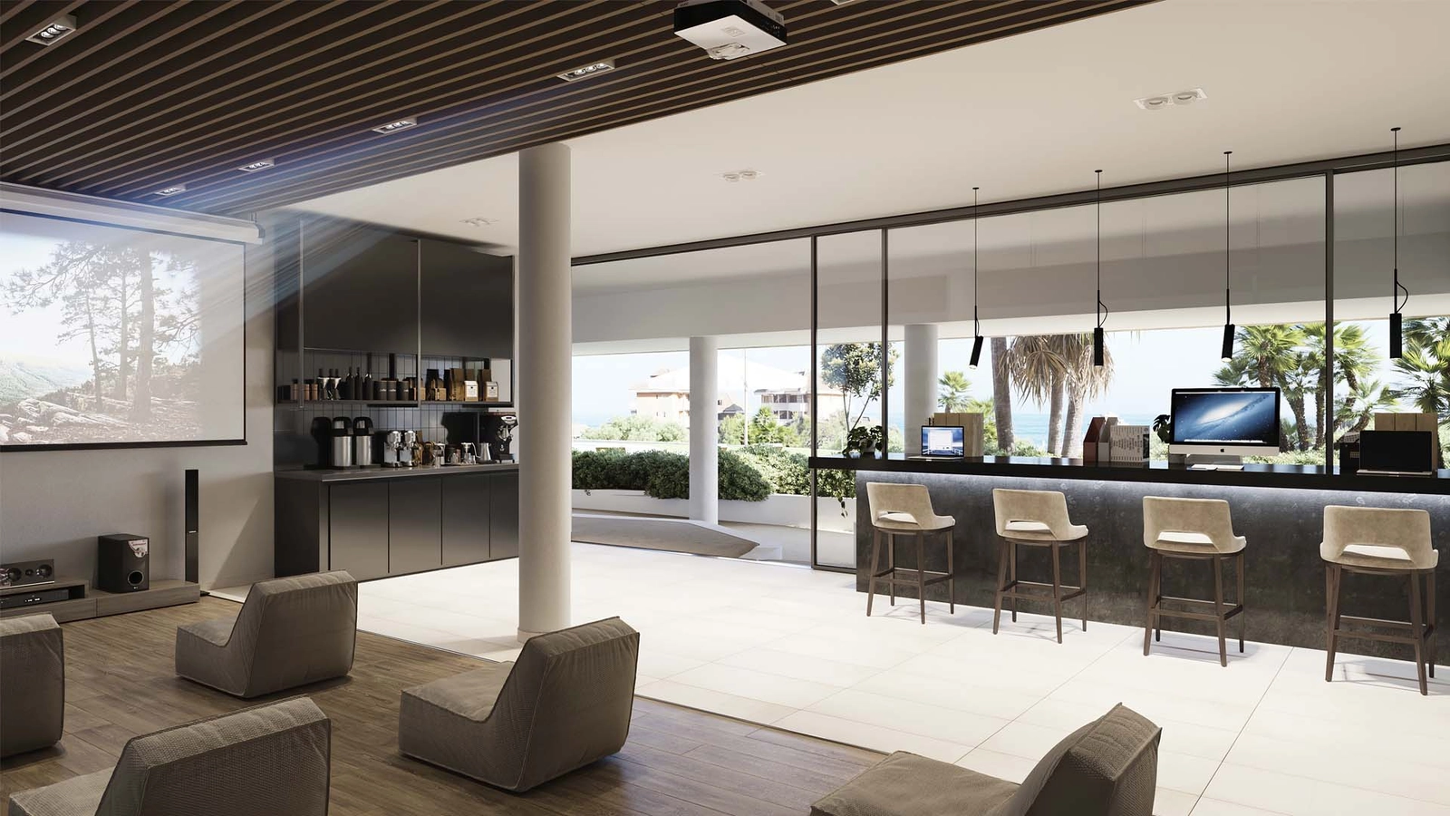 En stilren samarbets- och sällskapslounge för boende att mötas, arbeta och koppla av i.