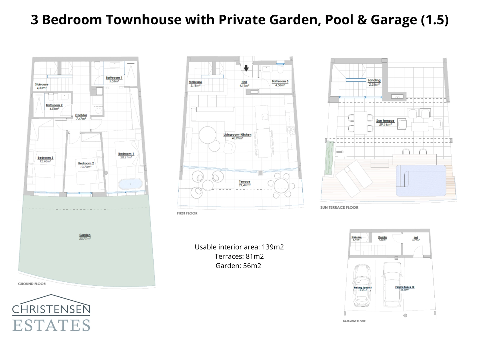 En alternativ design med 3 sovrum, som visar rymliga vardagsrum som vetter mot en terrass och en generös trädgård.