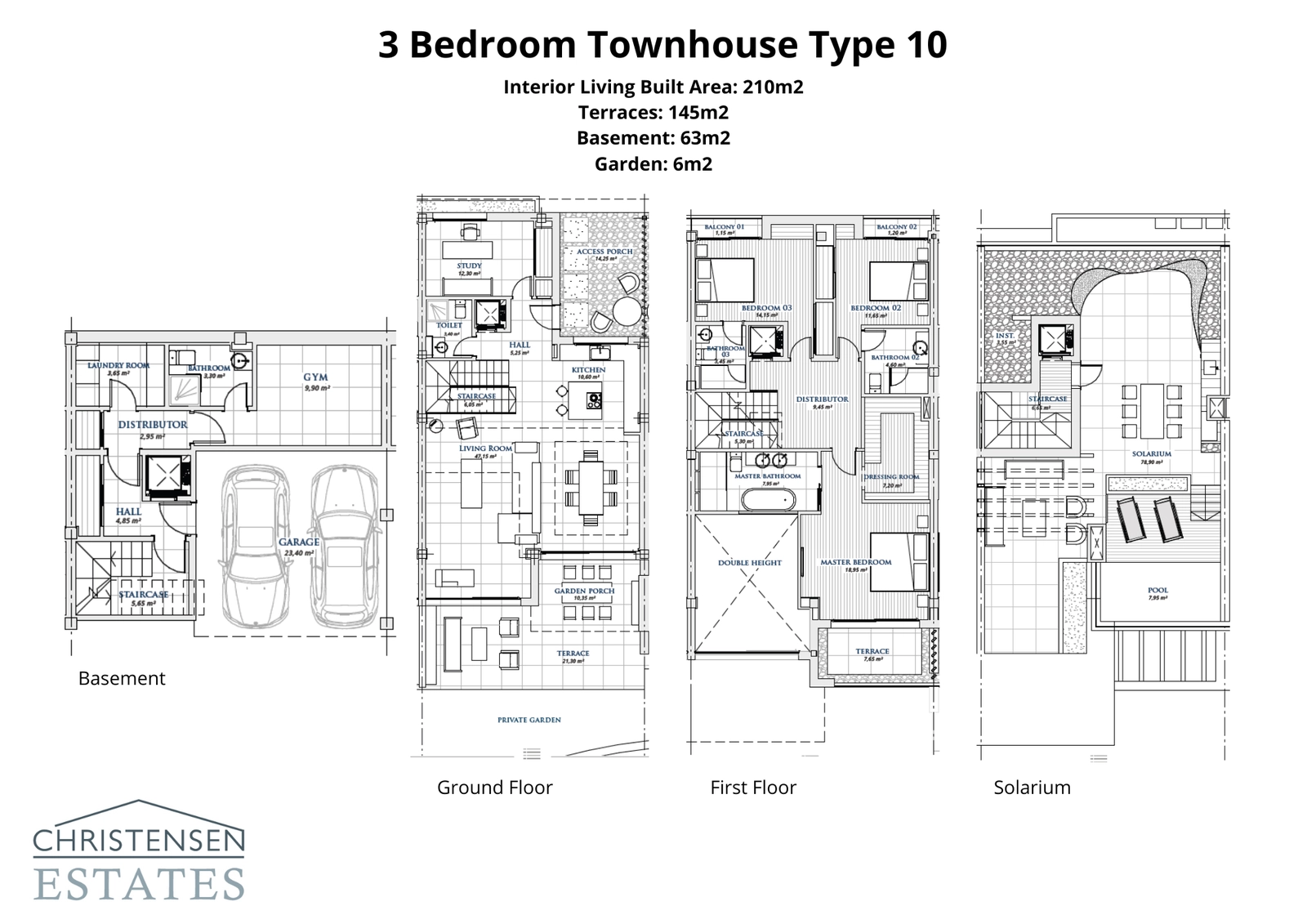 Denna genomtänkta planlösning visar fördelningen över flera nivåer, inklusive ett privat garage, gymutrymme, öppen planlösning och ett taksolarium med privat pool.
