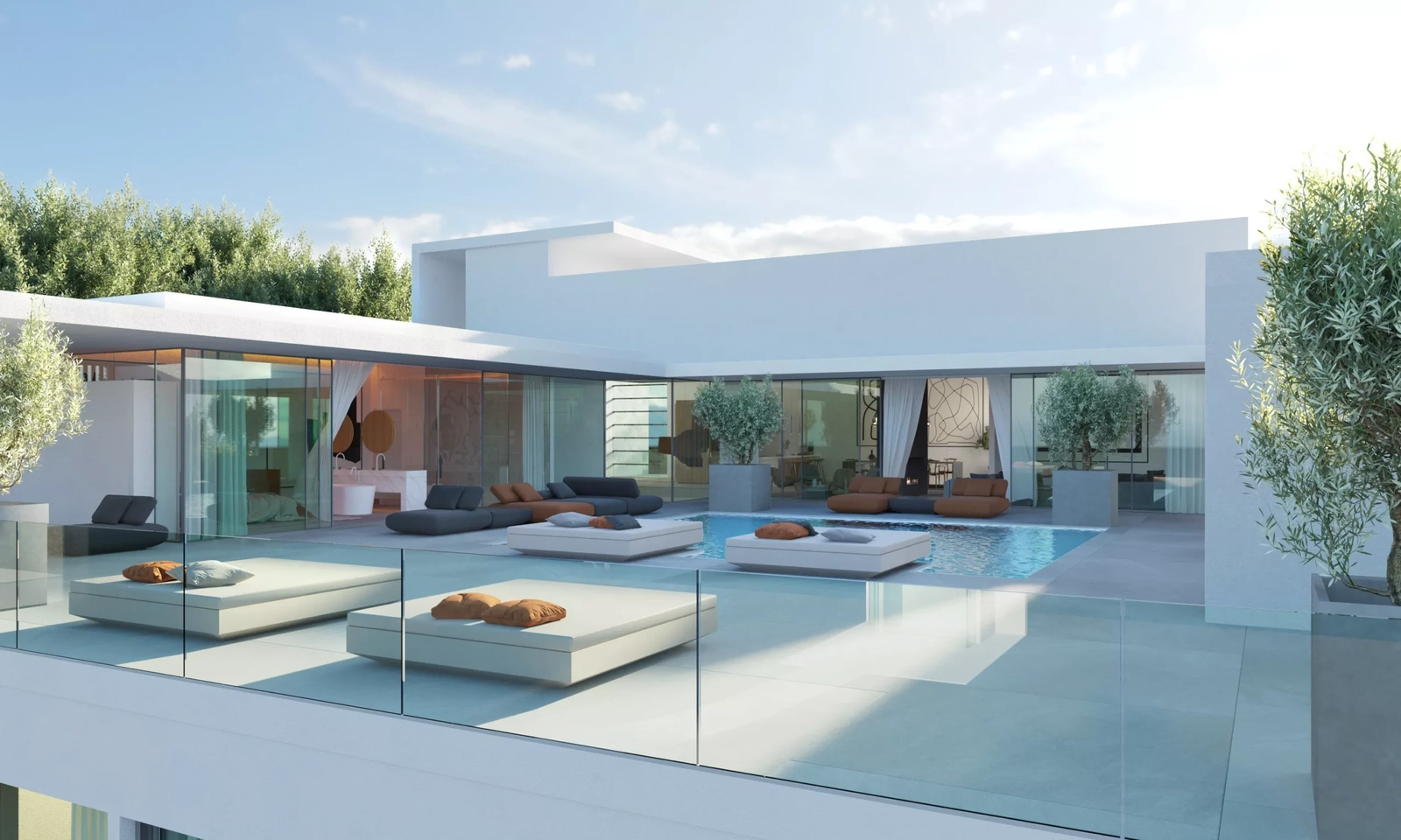 En förhöjd vy över den rymliga terrassen och privata poolen, designad för ultimat avkoppling på Costa del Sol.