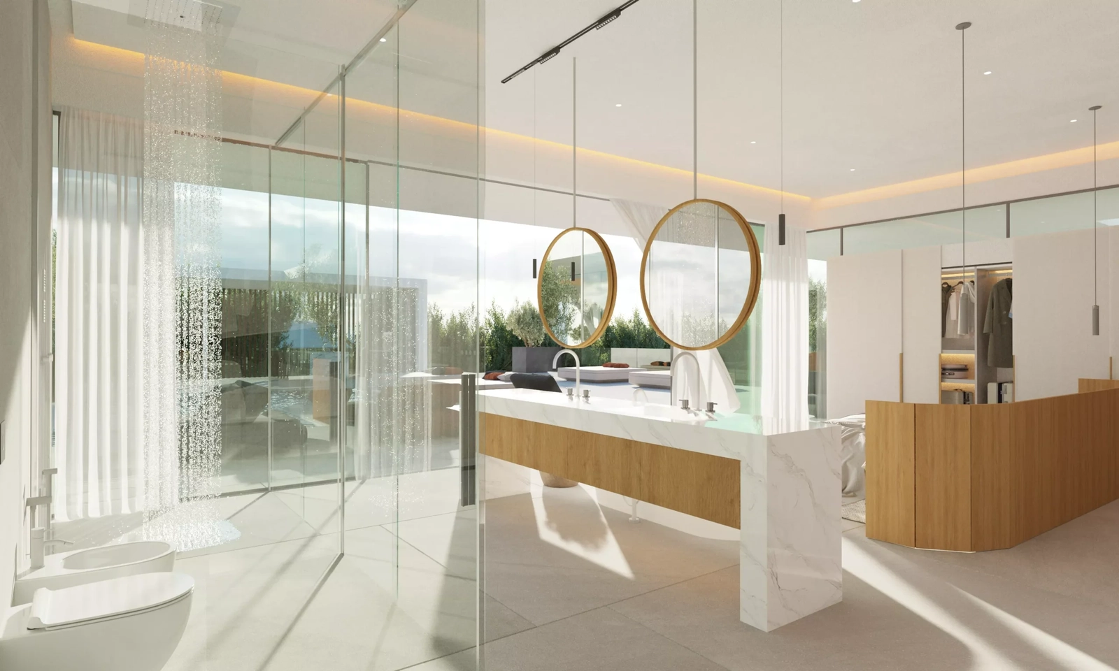 Ett lyxigt badrum med en walk-in-dusch och direkt utsikt över utomhusterrassen.