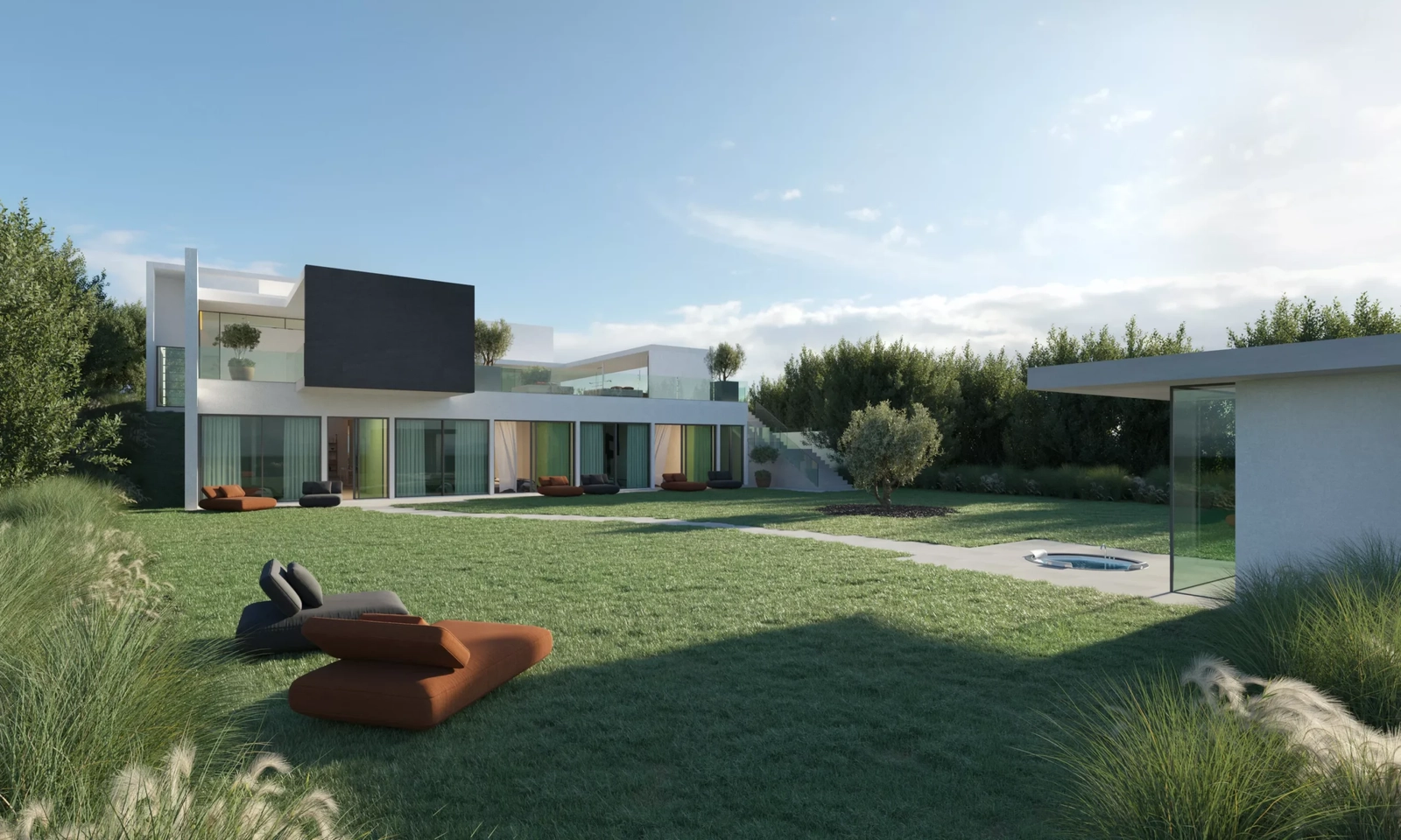 Den expansiva privata trädgården erbjuder en lugn och grönskande yta som omger detta lyxhem.