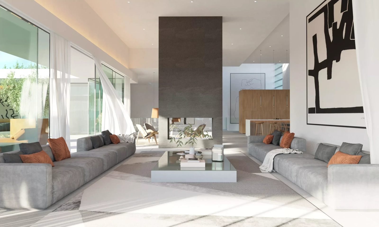 En central dubbelsidig eldstad skapar en varm och inbjudande atmosfär i det öppna vardagsrummet.