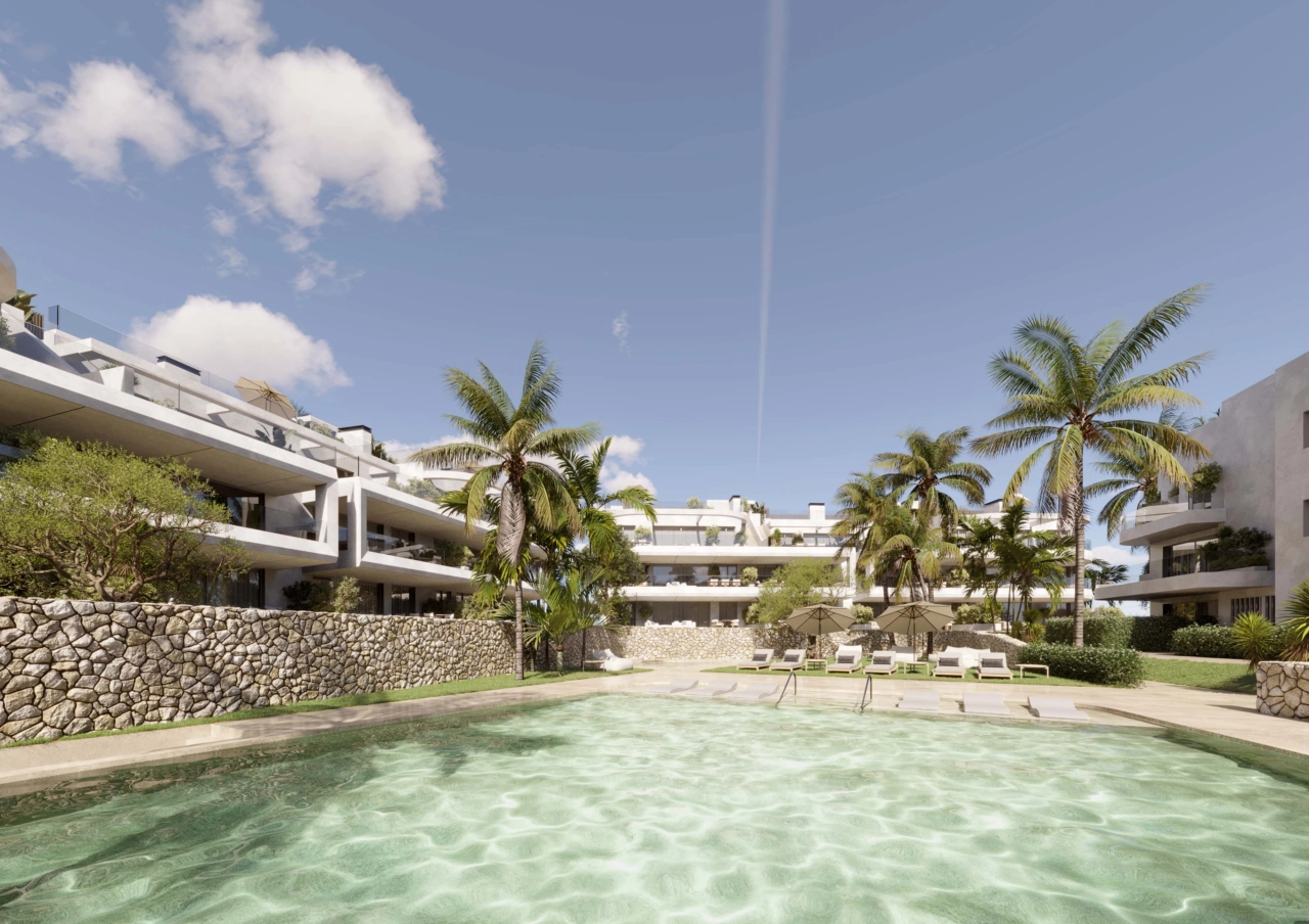 Den inbjudande gemensamma poolen ligger inbäddad i anlagda trädgårdar och skapar en privat oas för boende att njuta av.