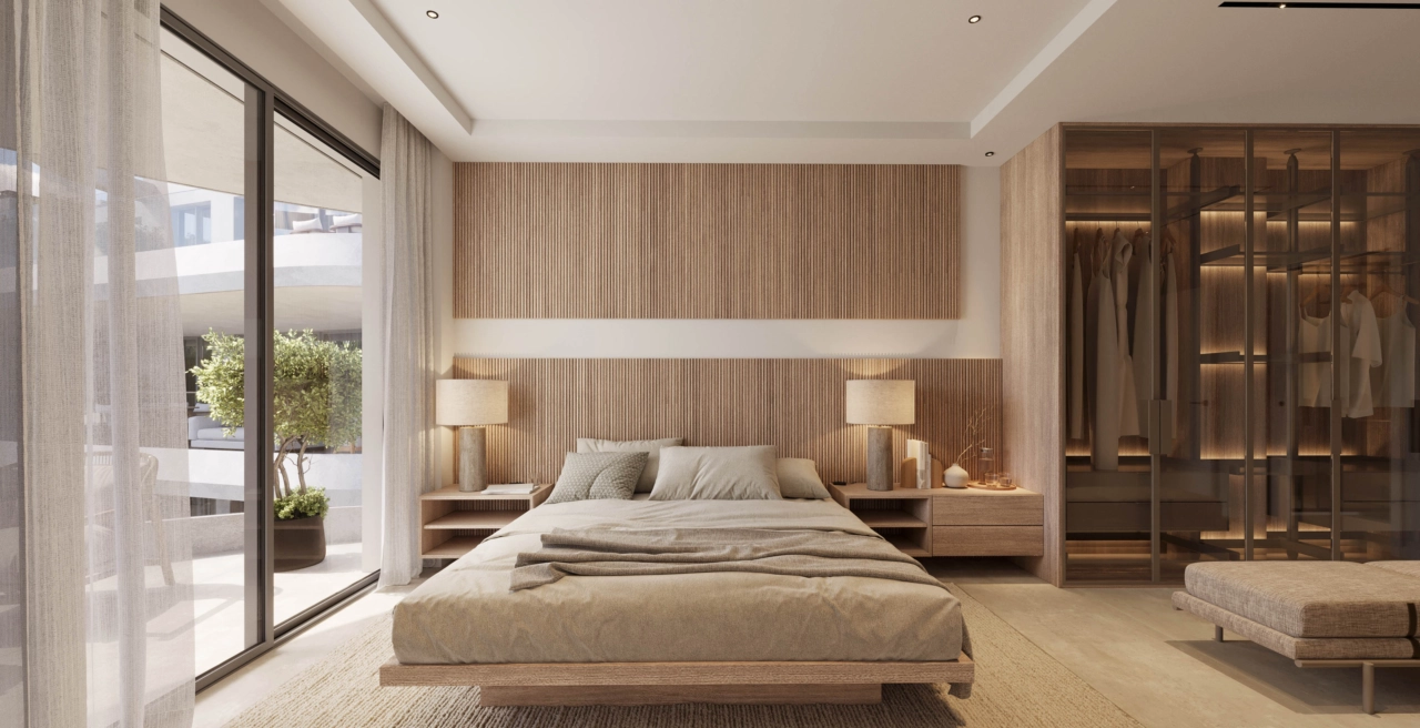 Master bedroom erbjuder en fridfull tillflyktsort, med elegant design, generöst garderobsutrymme och direkt tillgång till en privat terrass.