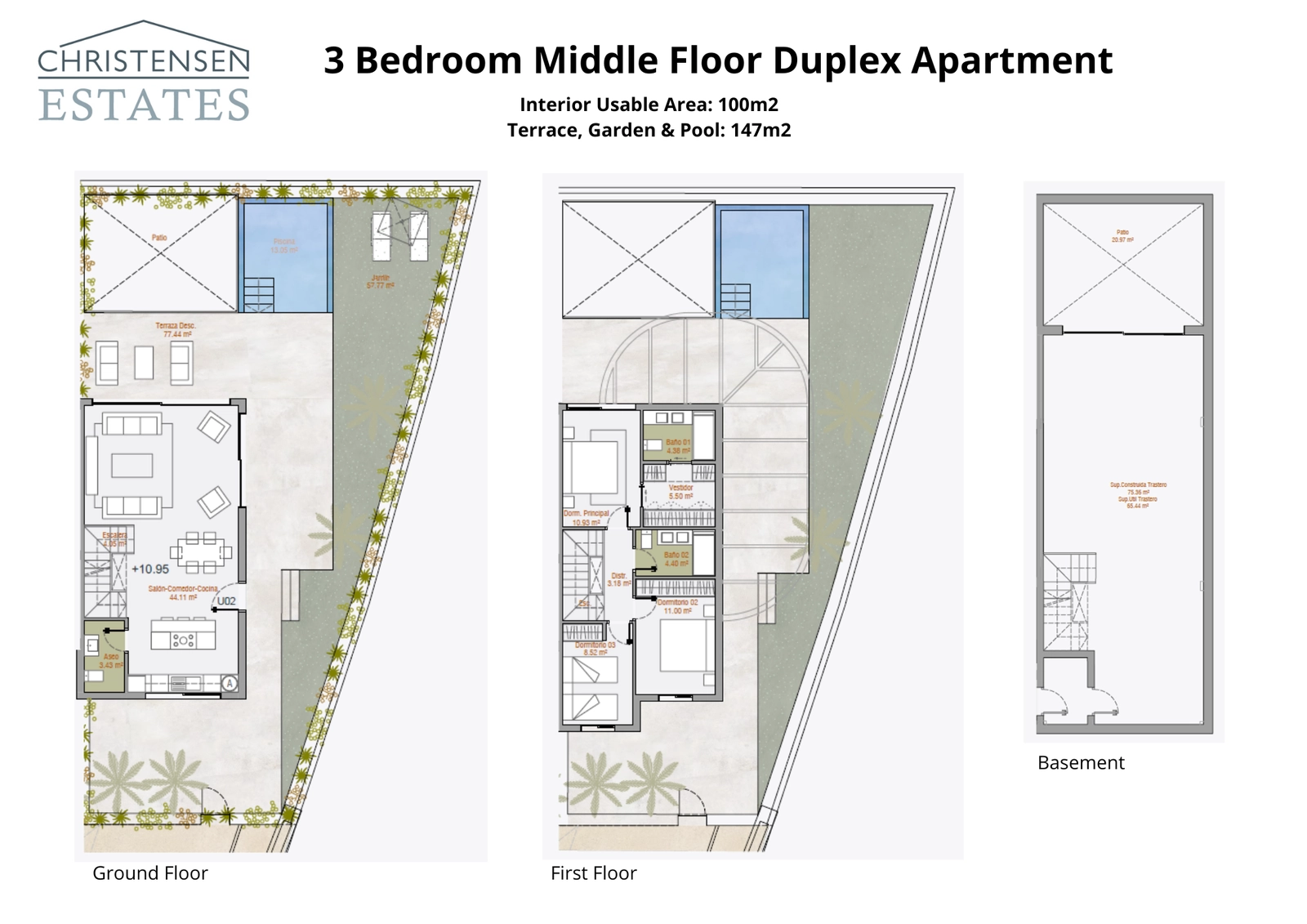 Denna etagevåningsplanlösning med 3 sovrum erbjuder 100 m² boyta fördelat på två våningar, plus en källare. Den inkluderar en stor 147 m² uteplats med en privat trädgård och pool.