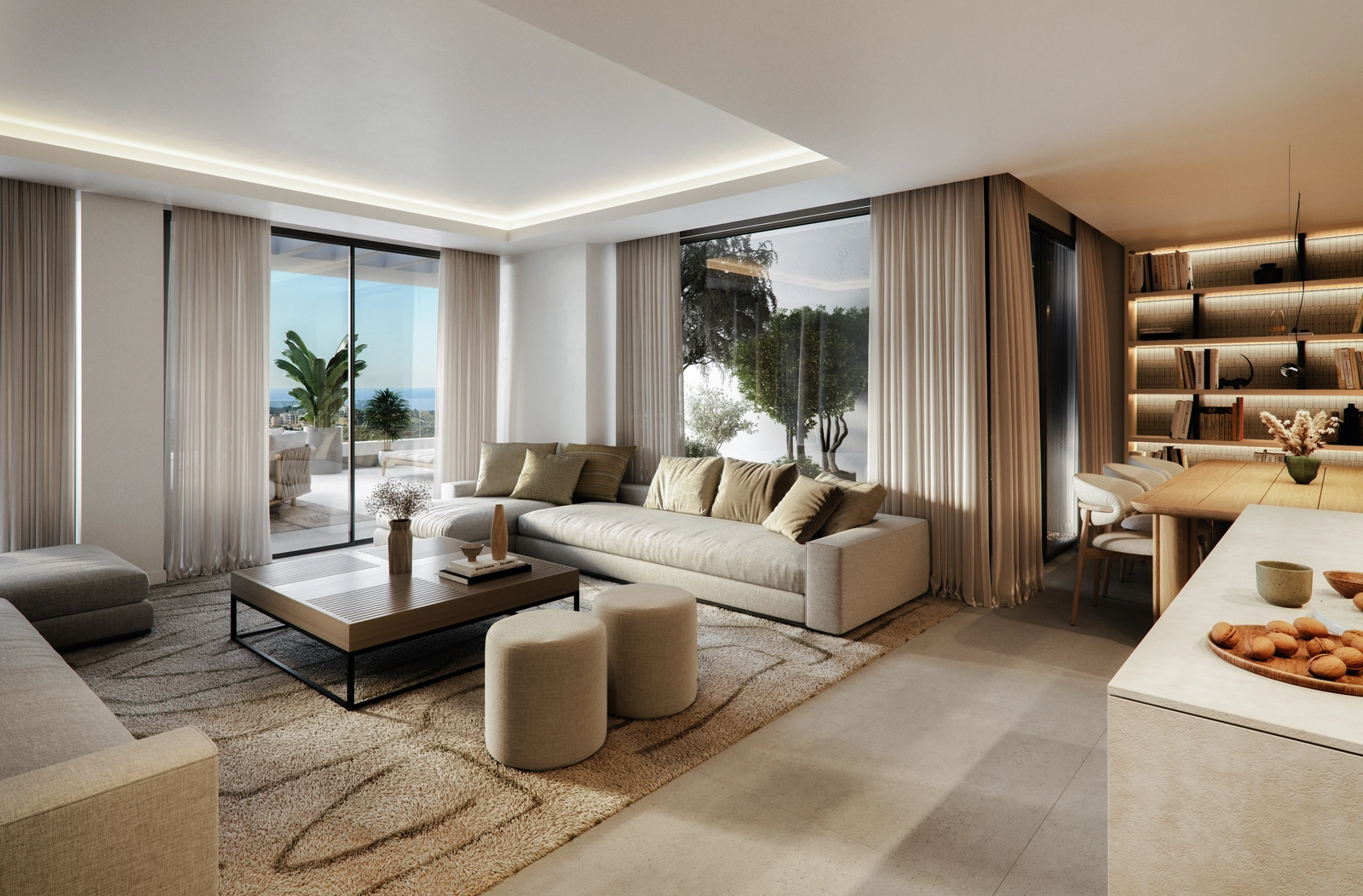 Den eleganta designen maximerar naturligt ljus, vilket skapar en ljus och välkomnande atmosfär.