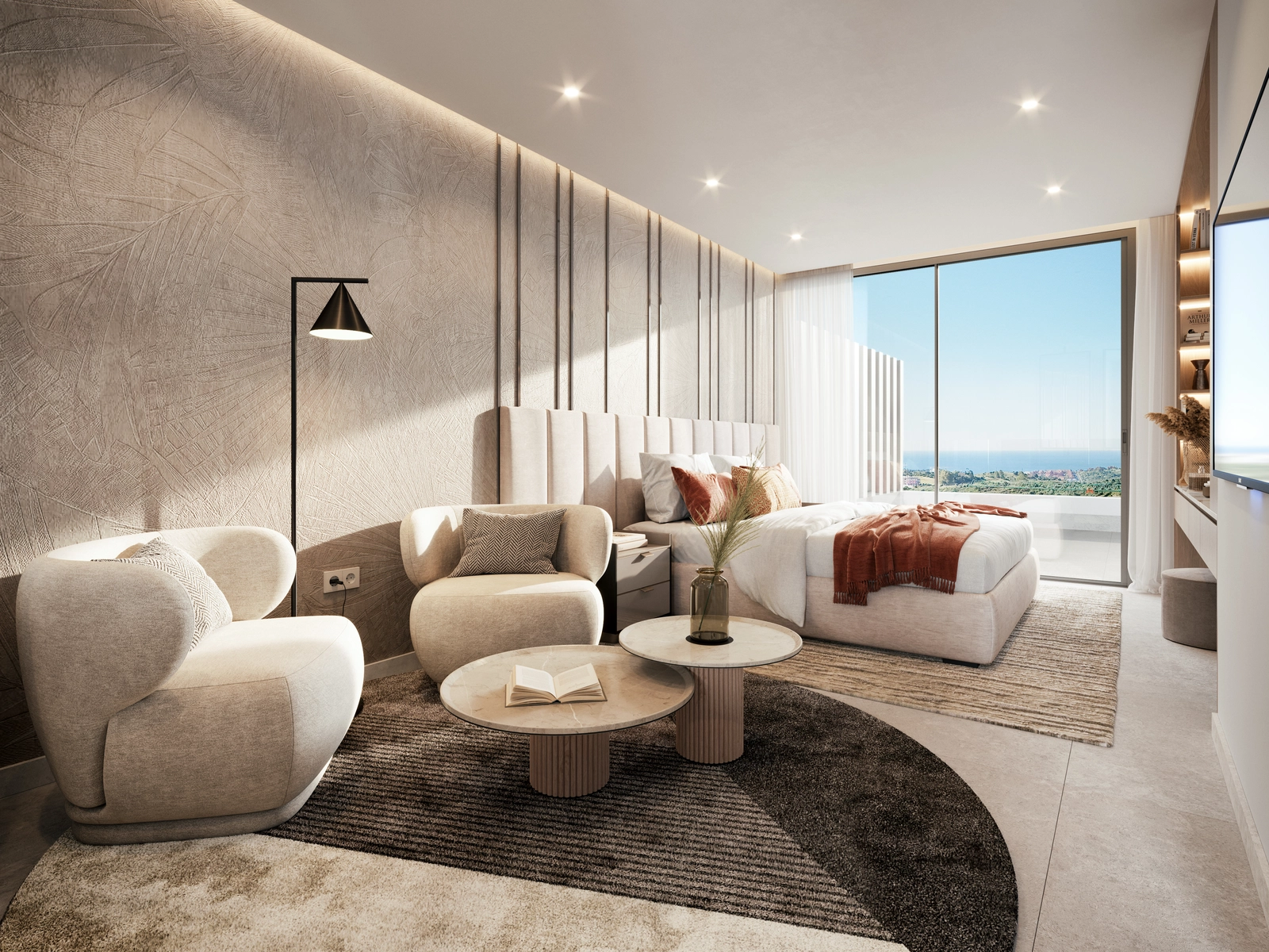 Vakna upp till fantastisk havsutsikt från bekvämligheten i ditt eleganta master sovrum.