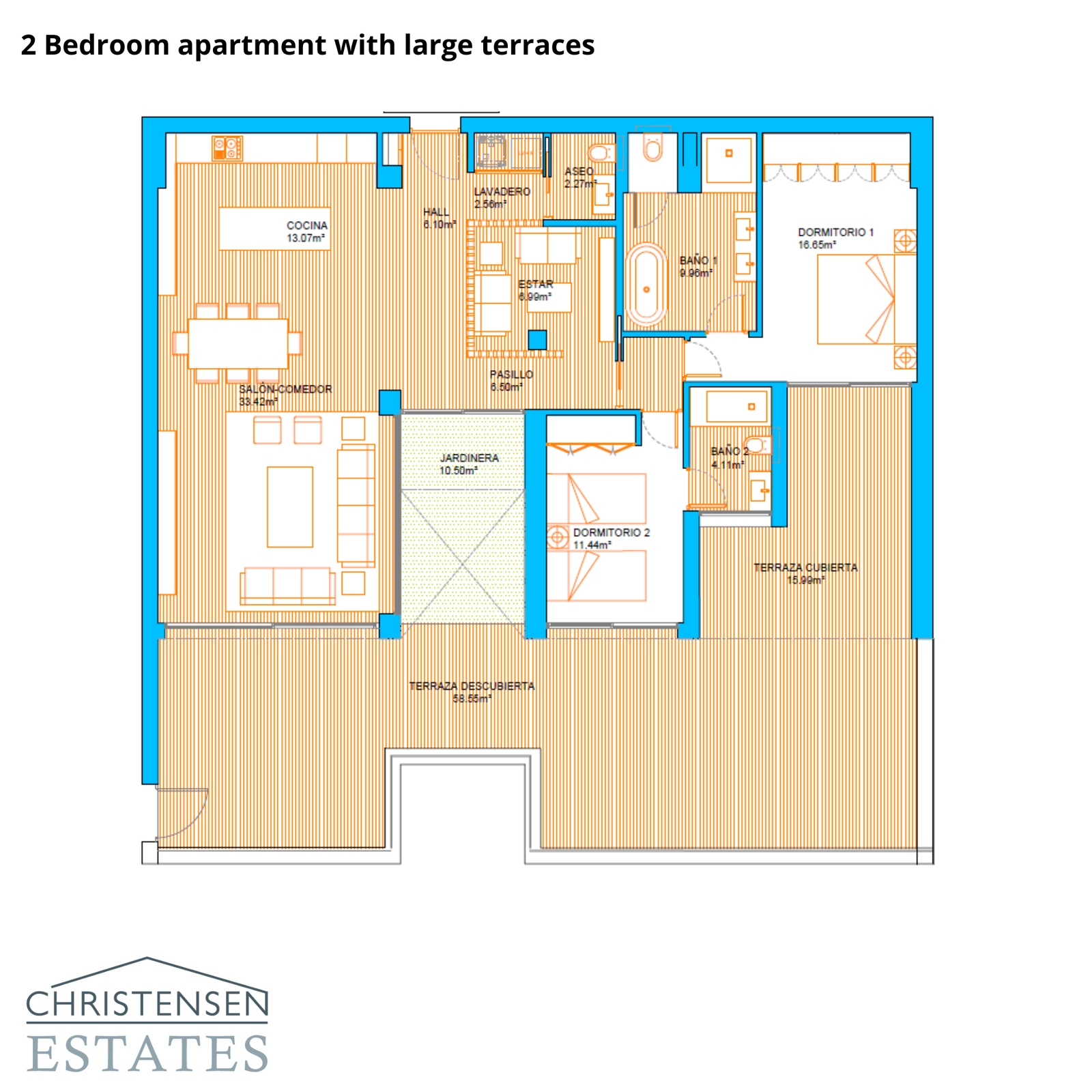 Denna planlösning med två sovrum är designad för komfort, med rymliga sällskapsytor och stora terrasser för att njuta av Costa del Sols klimat.