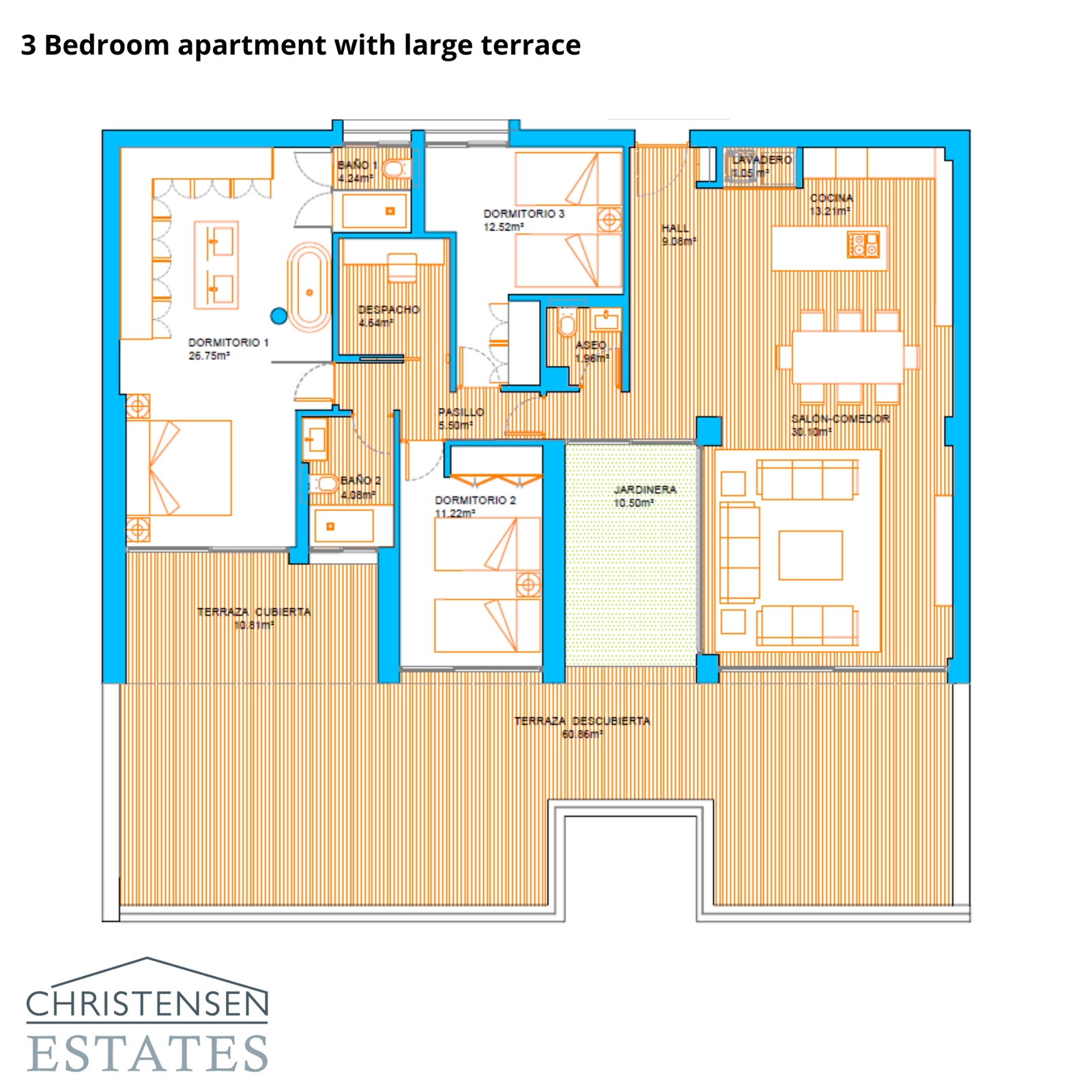 En välplanerad lägenhet med tre sovrum, som erbjuder generösa interiöra utrymmen och en omfattande terrass för avkoppling och underhållning.