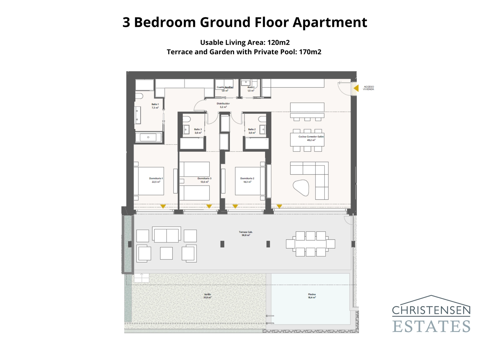 Denna planlösning för en lägenhet med tre sovrum på bottenvåningen visar ett sömlöst flöde från den rymliga interiören till en stor terrass, trädgård och privat pool.