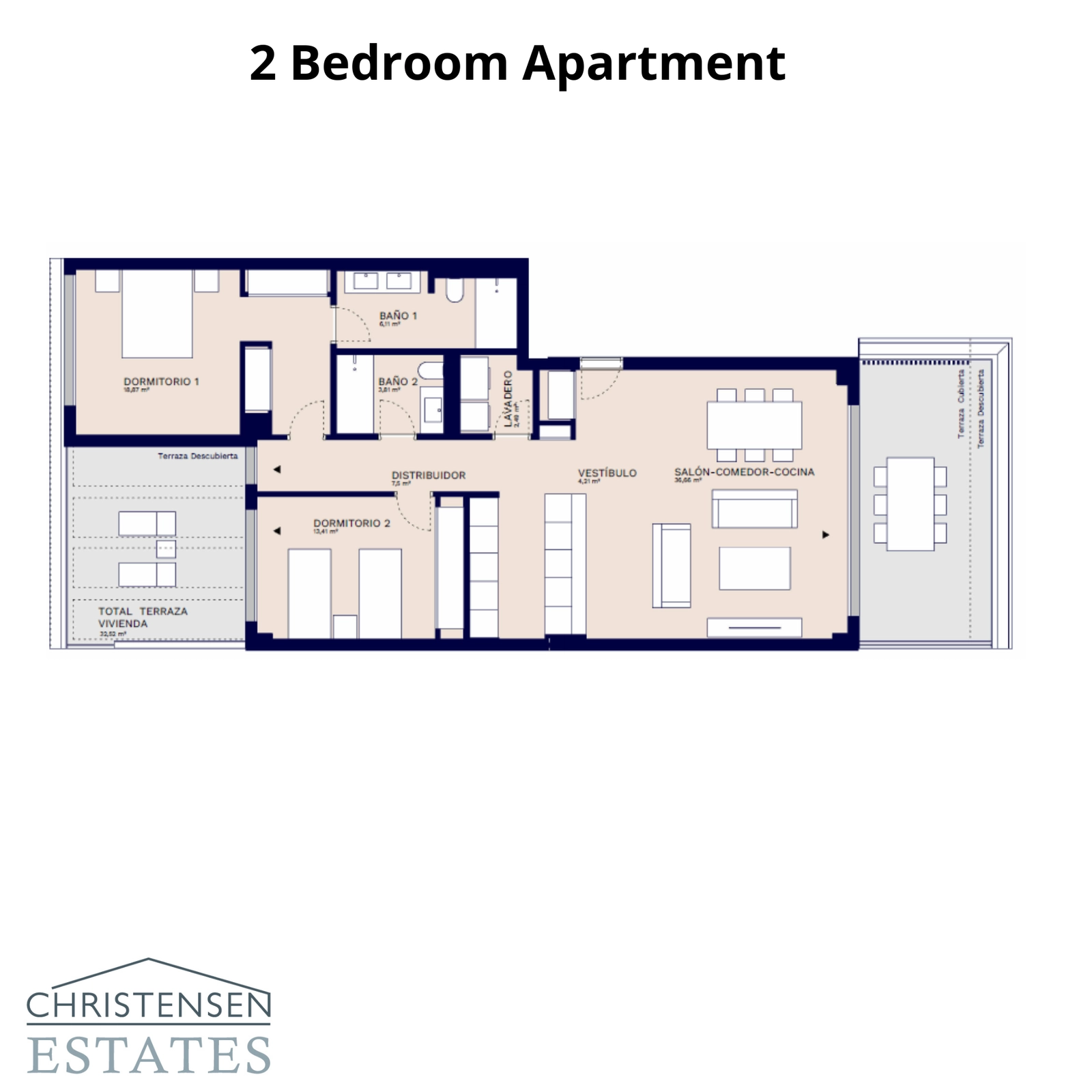 Denna planlösning visar en lägenhet med två sovrum, designad för komfort med en rymlig terrass.