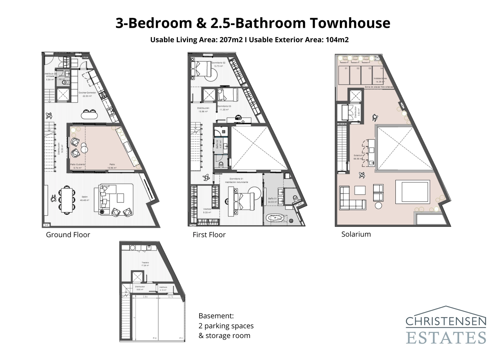 En alternativ planlösning med 3 sovrum som visar den intelligenta fördelningen av utrymme och den sömlösa kopplingen till den privata uteplatsen och terrasserna.
