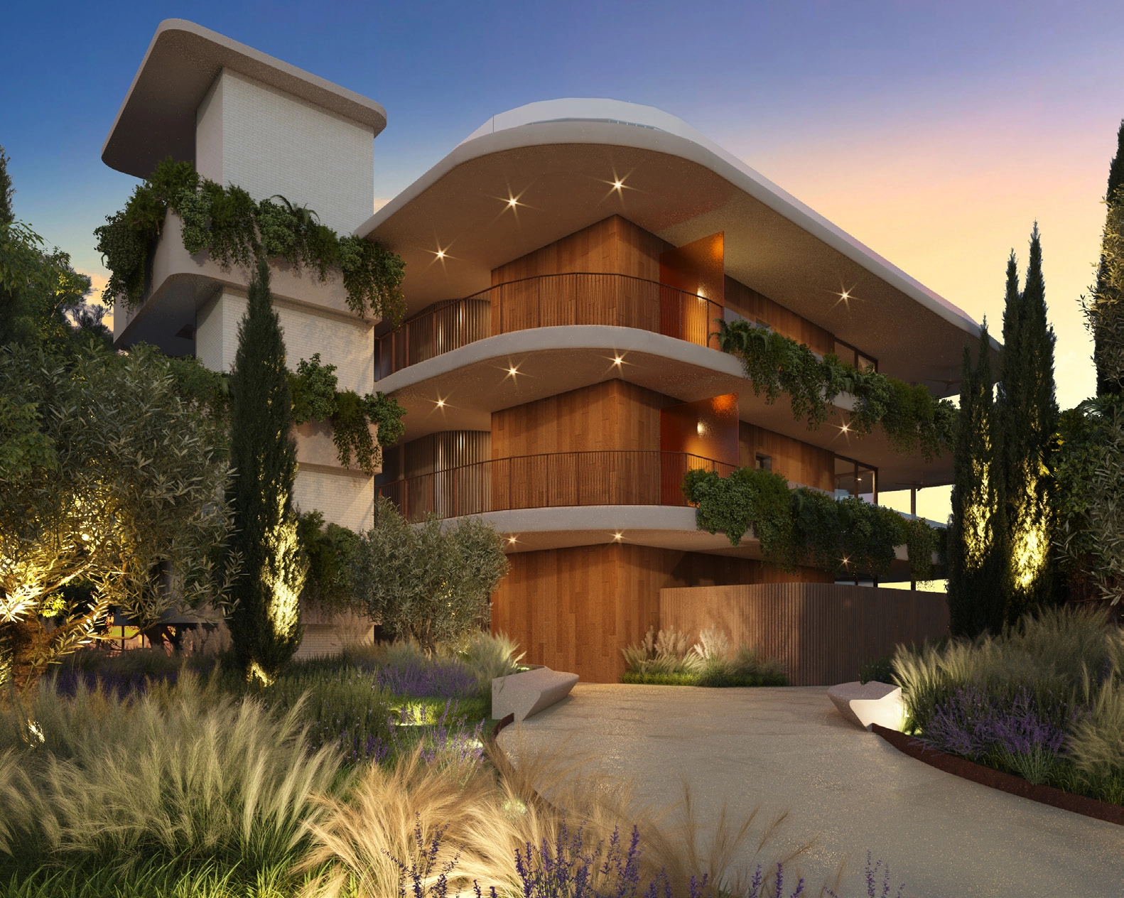 Projektets avantgardistiska arkitektur harmonierar med de naturliga omgivningarna och skapar en unik och exklusiv miljö.