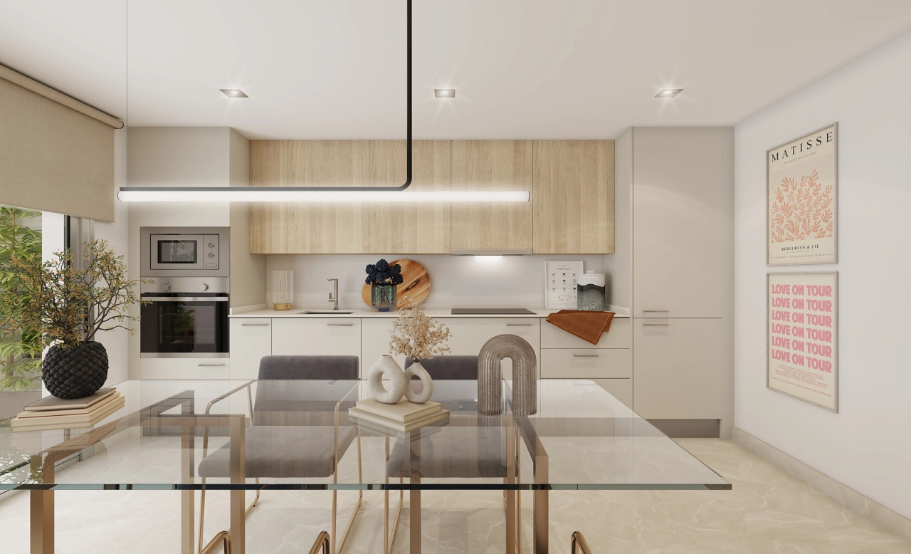 Ett modernt, fullt utrustat kök med vitvaror av hög kvalitet, designat för både funktionalitet och stil.