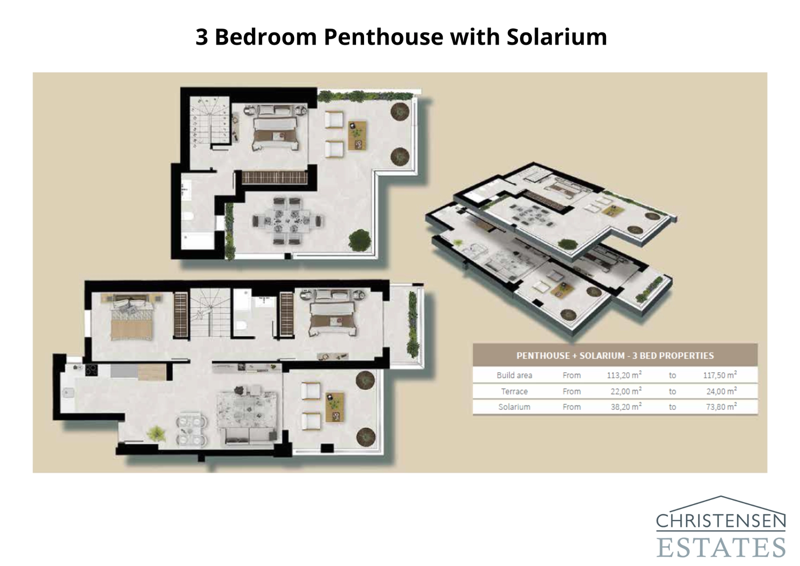 Takvåning med tre sovrum och solarium: Det mest rymliga hemmet, med tre bekväma sovrum och ett magnifikt privat solarium med panoramautsikt.