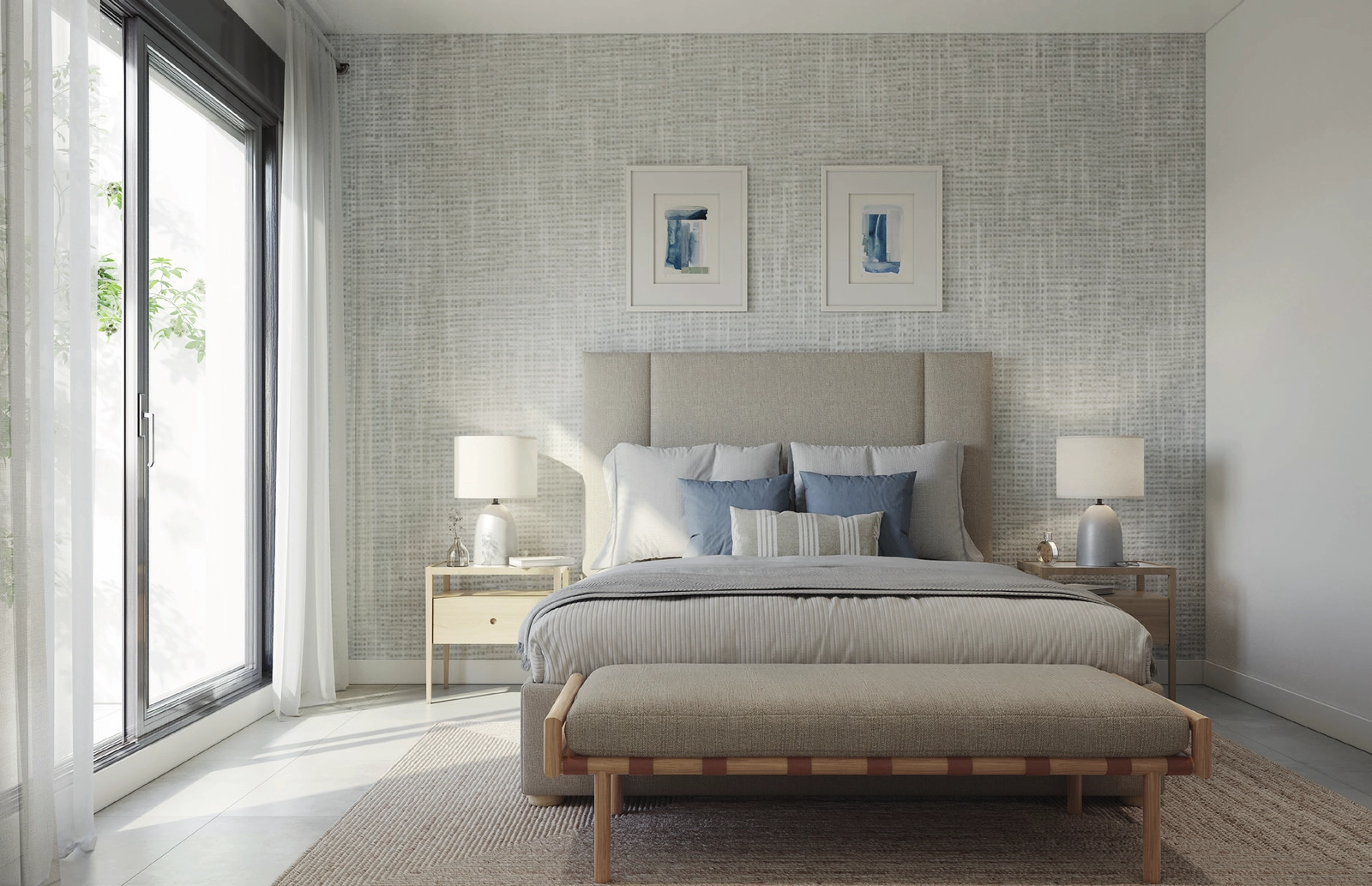 Eleganta sovrum erbjuder en fridfull tillflyktsort med högkvalitativa ytor och rikligt med ljus.