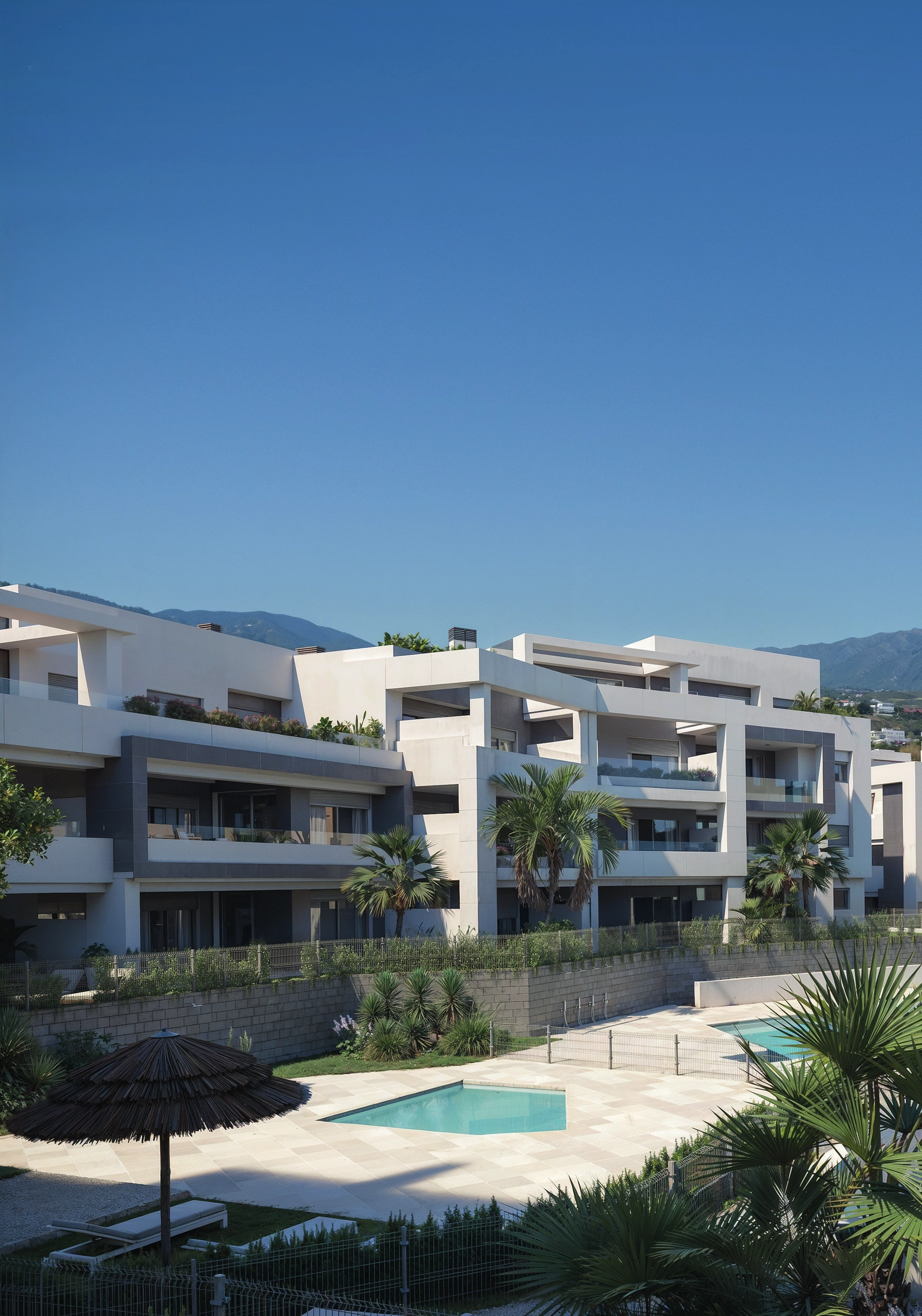 En vy över de eleganta bostadsbyggnaderna omgivna av lummig grönska.