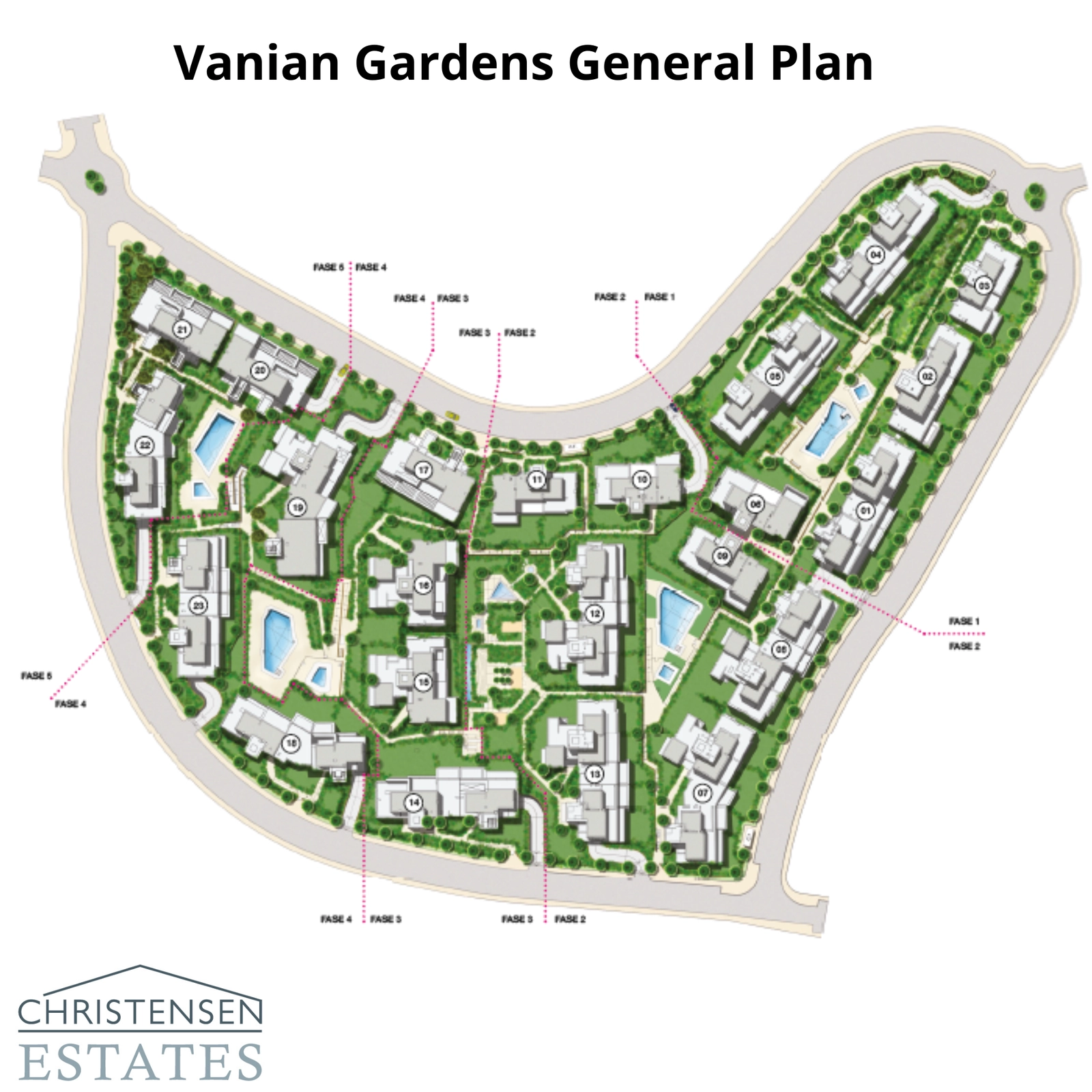 En översikt över områdets planlösning, som visar de omfattande grönområdena, simbassängerna och bostadsbyggnadernas placering.