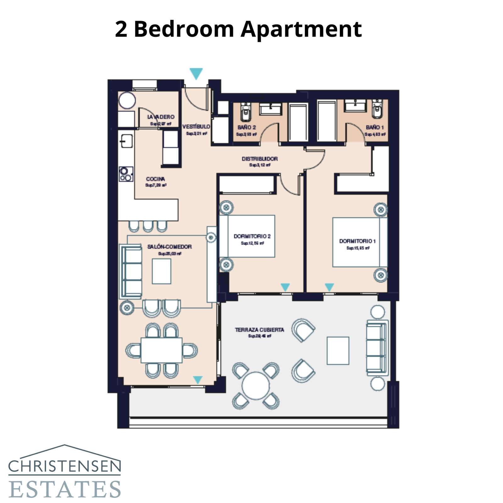 Denna planlösning med två sovrum har en smart design med öppen planlösning i vardagsrummet, två badrum och en stor täckt terrass för att njuta av klimatet.