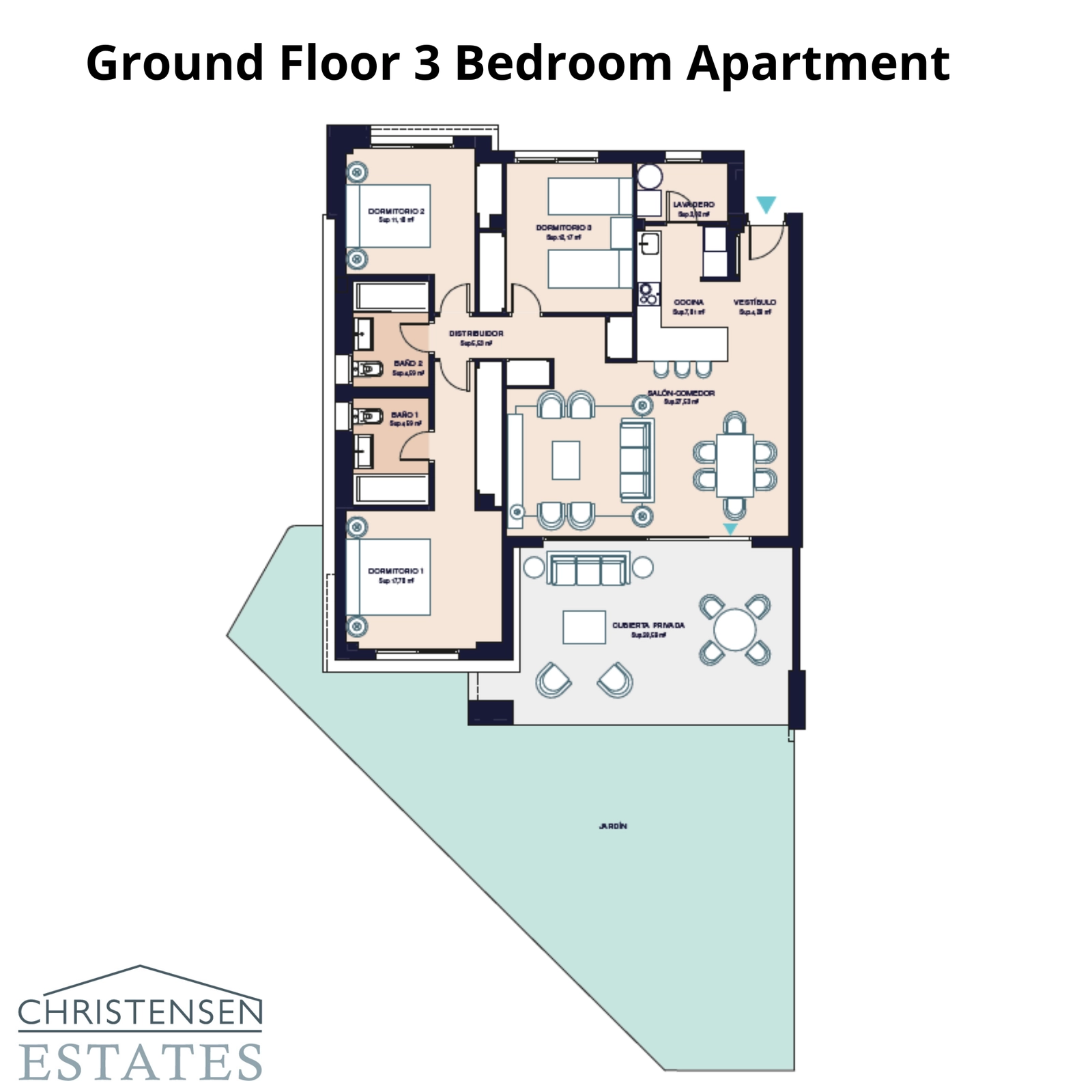 En rymlig lägenhet med tre sovrum på bottenvåningen med en generös privat trädgård, vilket skapar ett idealiskt utrymme för familjer och utomhusliv.