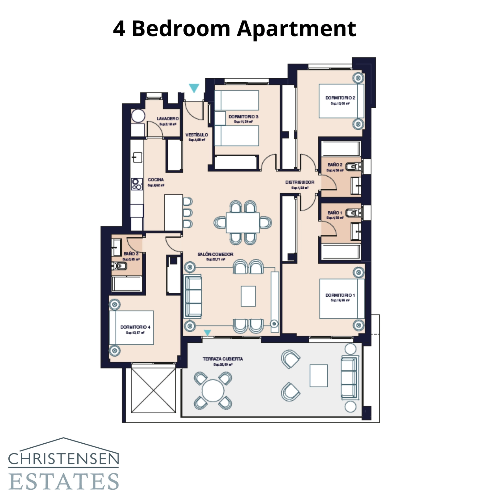 Lägenheten med fyra sovrum erbjuder gott om utrymme för familj och gäster, med en funktionell planlösning som separerar vardagsrum och sovrum för avskildhet och komfort.