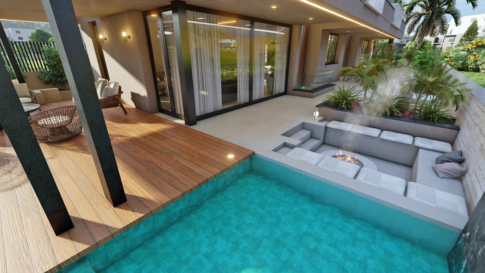 En inbjudande nedsänkt lounge med eldstad, perfekt för sammankomster med vänner och familj under svala kvällar.