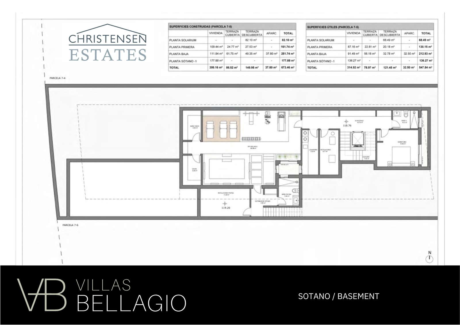 Källarplan: Denna våning är dedikerad till välmående, med ett rymligt spa, gym och ytterligare sällskapsytor för fullständig avkoppling och underhållning.