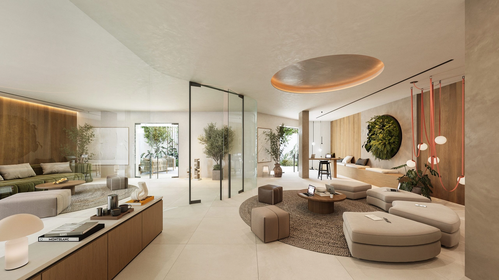 Det moderna co-working-utrymmet erbjuder en bekväm och inspirerande miljö för arbete och möten.