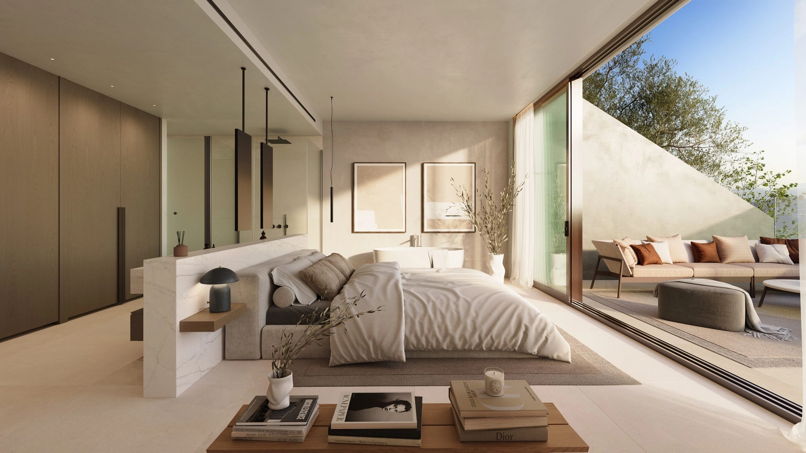 Huvudsovrummet är en fridfull oas, med ett öppet badrum och direkt tillgång till en privat terrass.