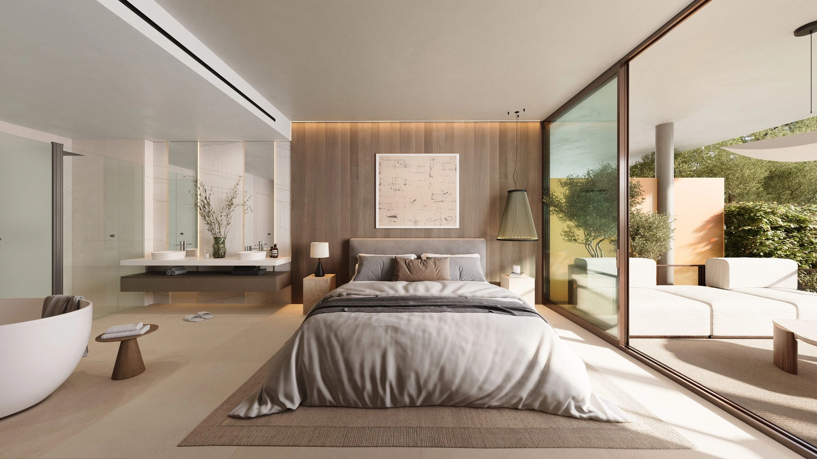 Elegant designat master bedroom som ansluter till ett lyxigt badrum, vilket skapar en privat och avkopplande atmosfär.