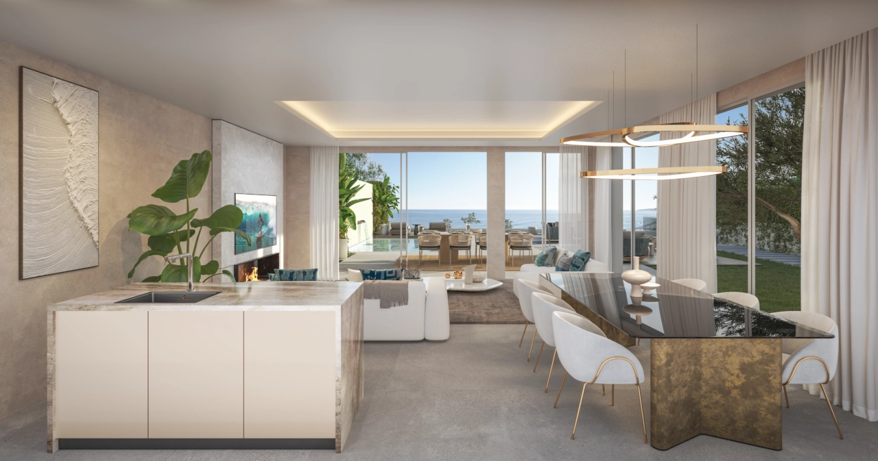 En öppen planlösning som sömlöst ansluter till utomhusmiljön och havet.