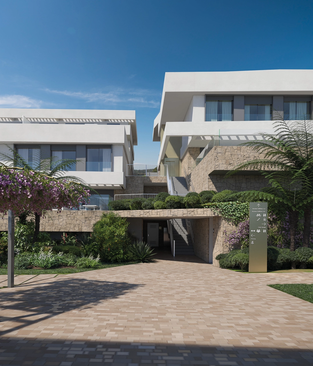 Den eleganta entrén välkomnar dig hem till detta exklusiva privata bostadsområde.