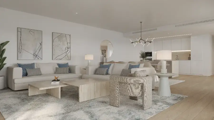 Det eleganta vardagsrummet och matplatsen med öppen planlösning inkluderar ett modernt, fullt utrustat kök.