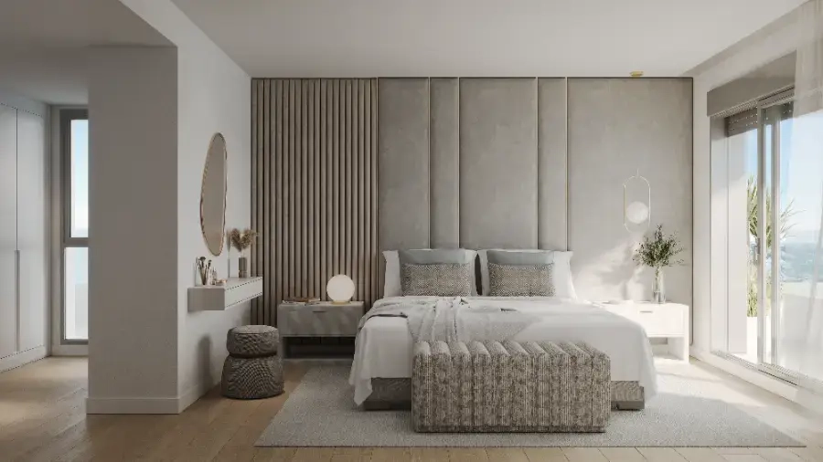 Master sovrummet är en fridfull tillflyktsort, designad med elegans och komfort i åtanke.