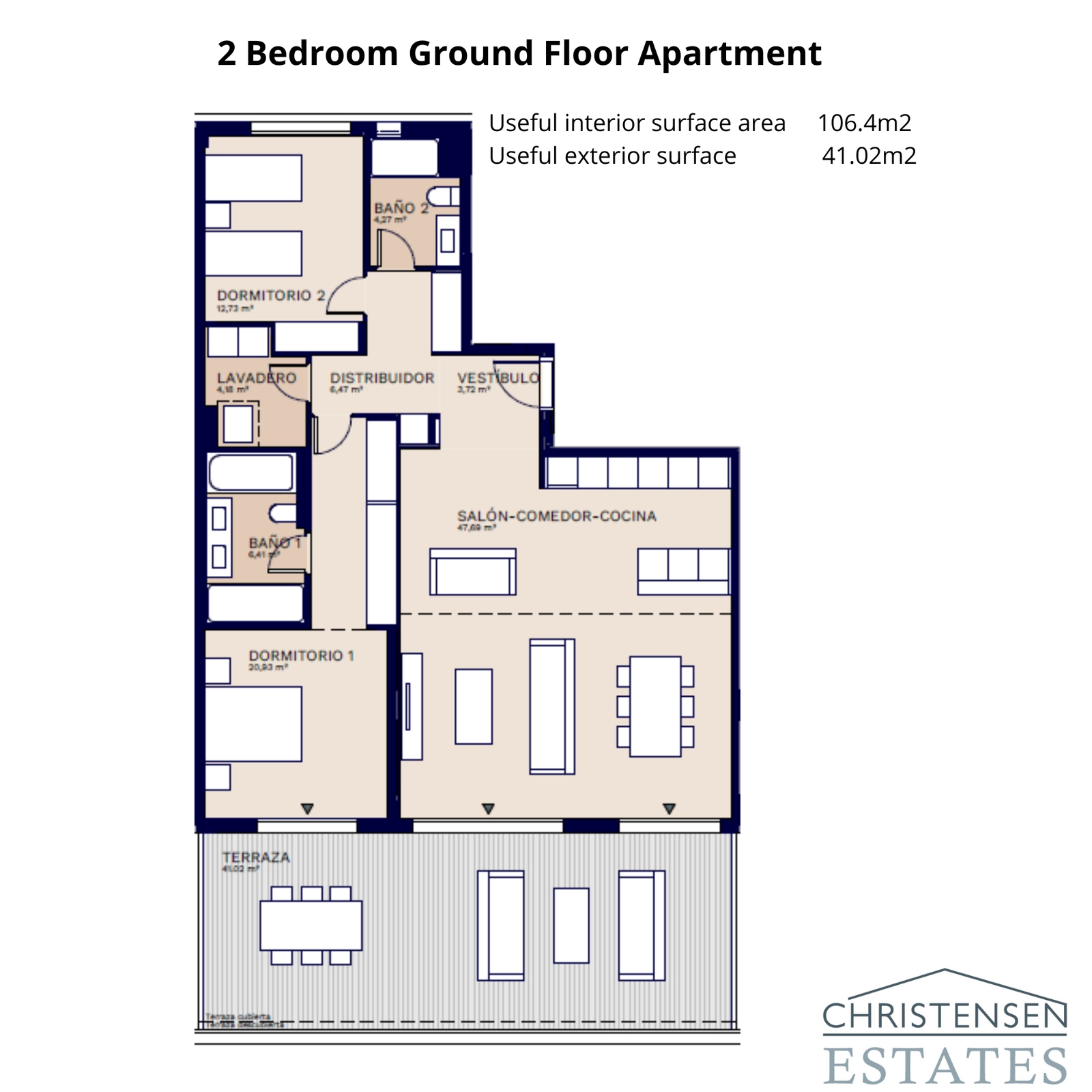 Denna välplanerade markplanslägenhet med två sovrum har en generös terrass för utomhusliv.