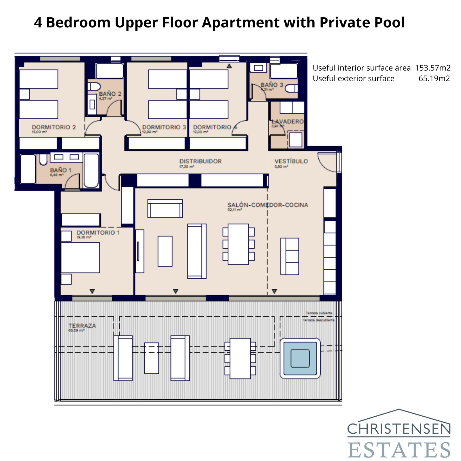 En exceptionell bostad på övre plan med fyra sovrum, med en stor terrass som har privat pool och panoramautsikt.