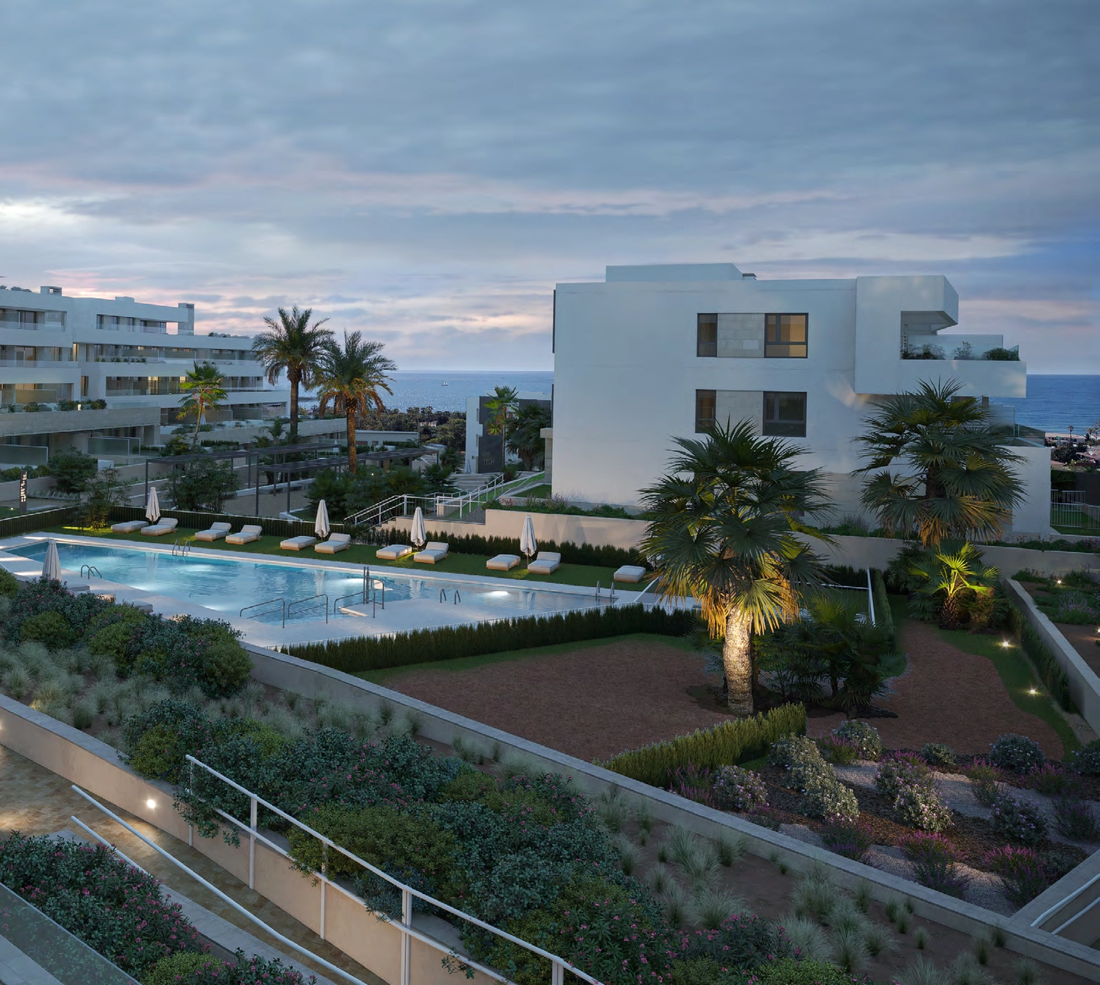 När kvällen kommer skapar bostadsområdets belysningsdesign en varm och exklusiv atmosfär.