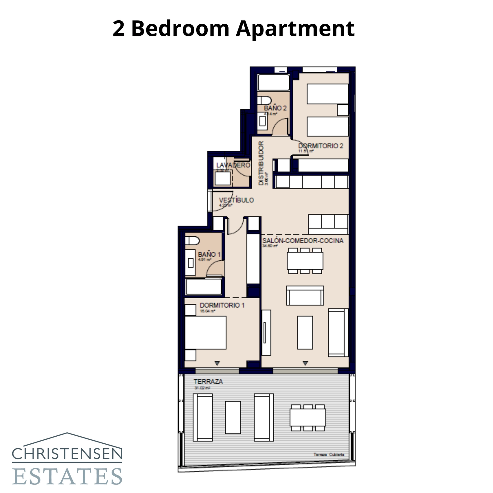 Denna planlösning med två sovrum visar en praktisk och rymlig design, med en öppen vardagsrumsdel som sträcker sig ut på en stor terrass.