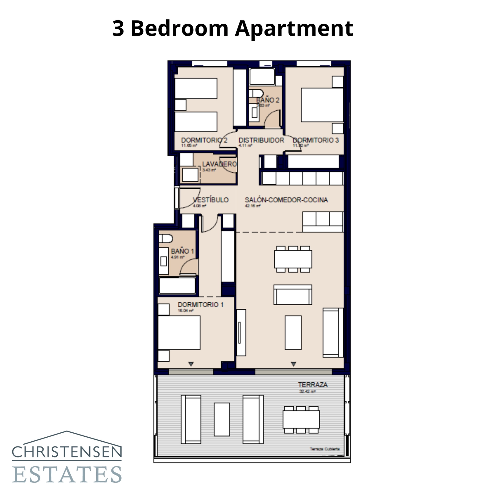 Planlösningen med tre sovrum erbjuder gott om plats för familjer, med en rymlig master suite och sömlöst inomhus-utomhusliv.