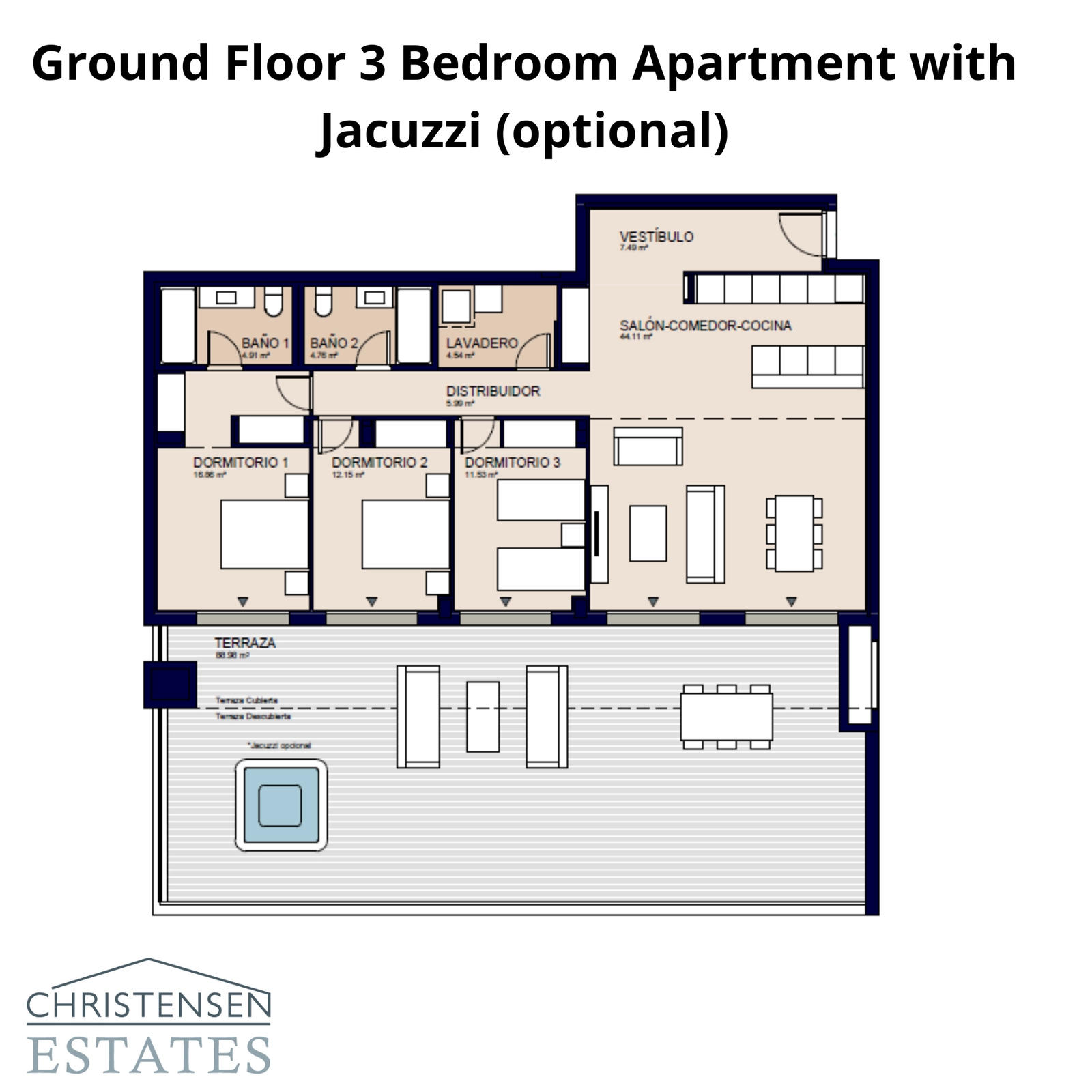 Ett rymligt markplanshem med tre sovrum, som erbjuder en privat trädgård och stor terrass, med möjlighet till en personlig jacuzzi.