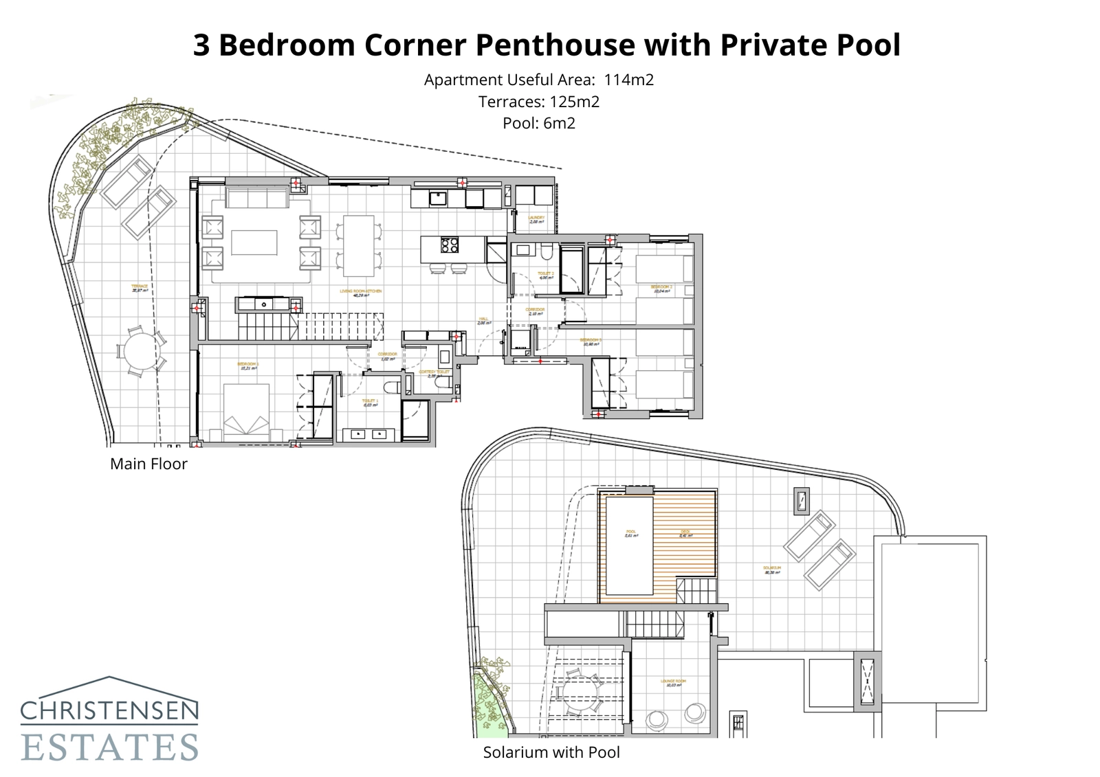 Utforska den rymliga takvåningen med tre sovrum i hörnläge, med generösa vardagsrum och ett fantastiskt solarium med en privat pool för ultimat lyx och avskildhet.